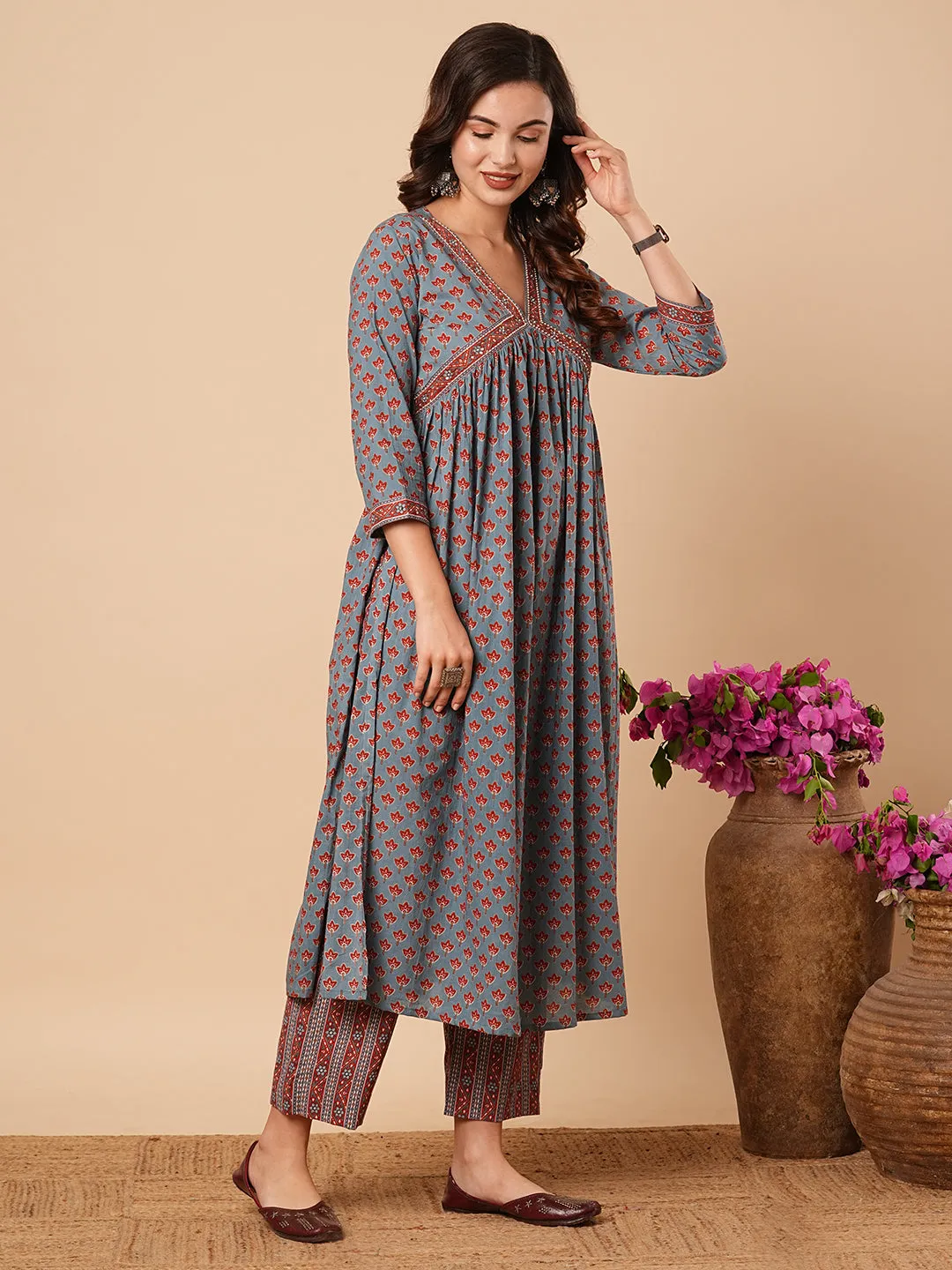 Ethnic Floral Printed & Embroidered A-Line Pleated Kurta with Pant - Blue