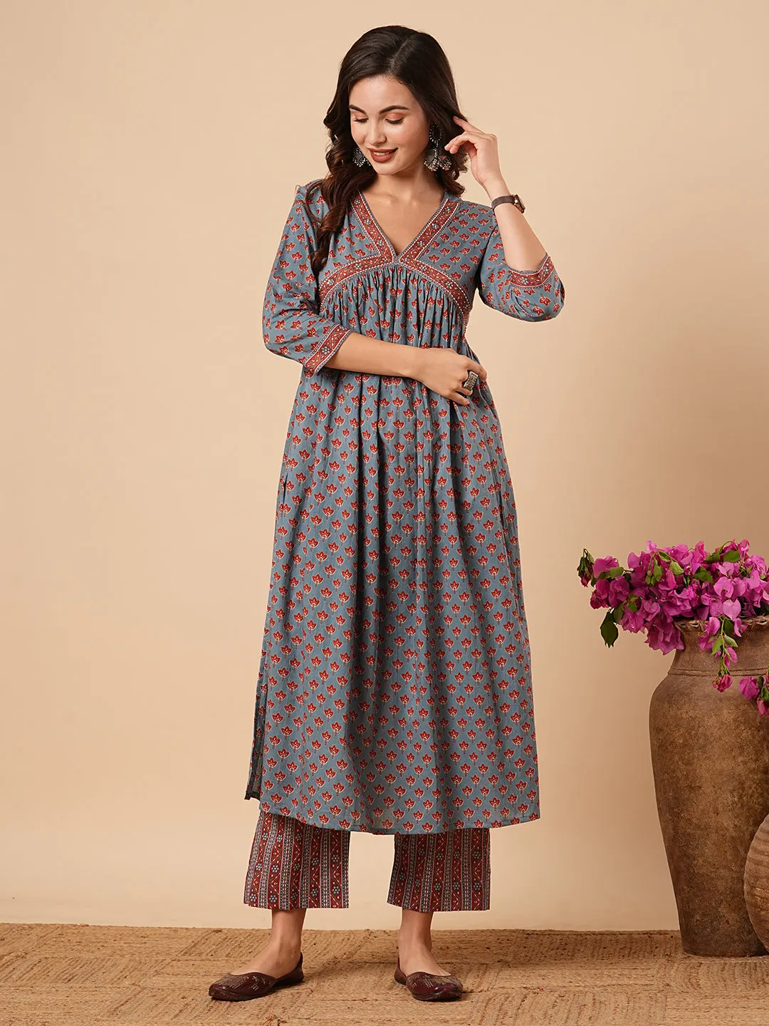 Ethnic Floral Printed & Embroidered A-Line Pleated Kurta with Pant - Blue