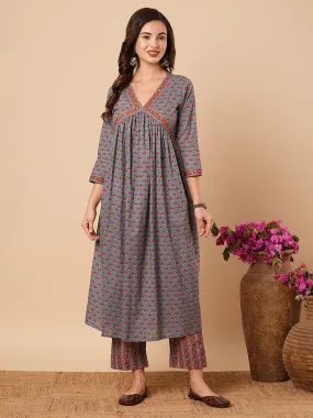 Ethnic Floral Printed & Embroidered A-Line Pleated Kurta with Pant - Blue