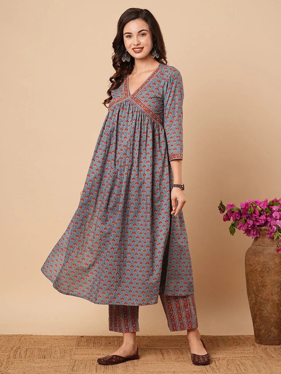 Ethnic Floral Printed & Embroidered A-Line Pleated Kurta with Pant - Blue