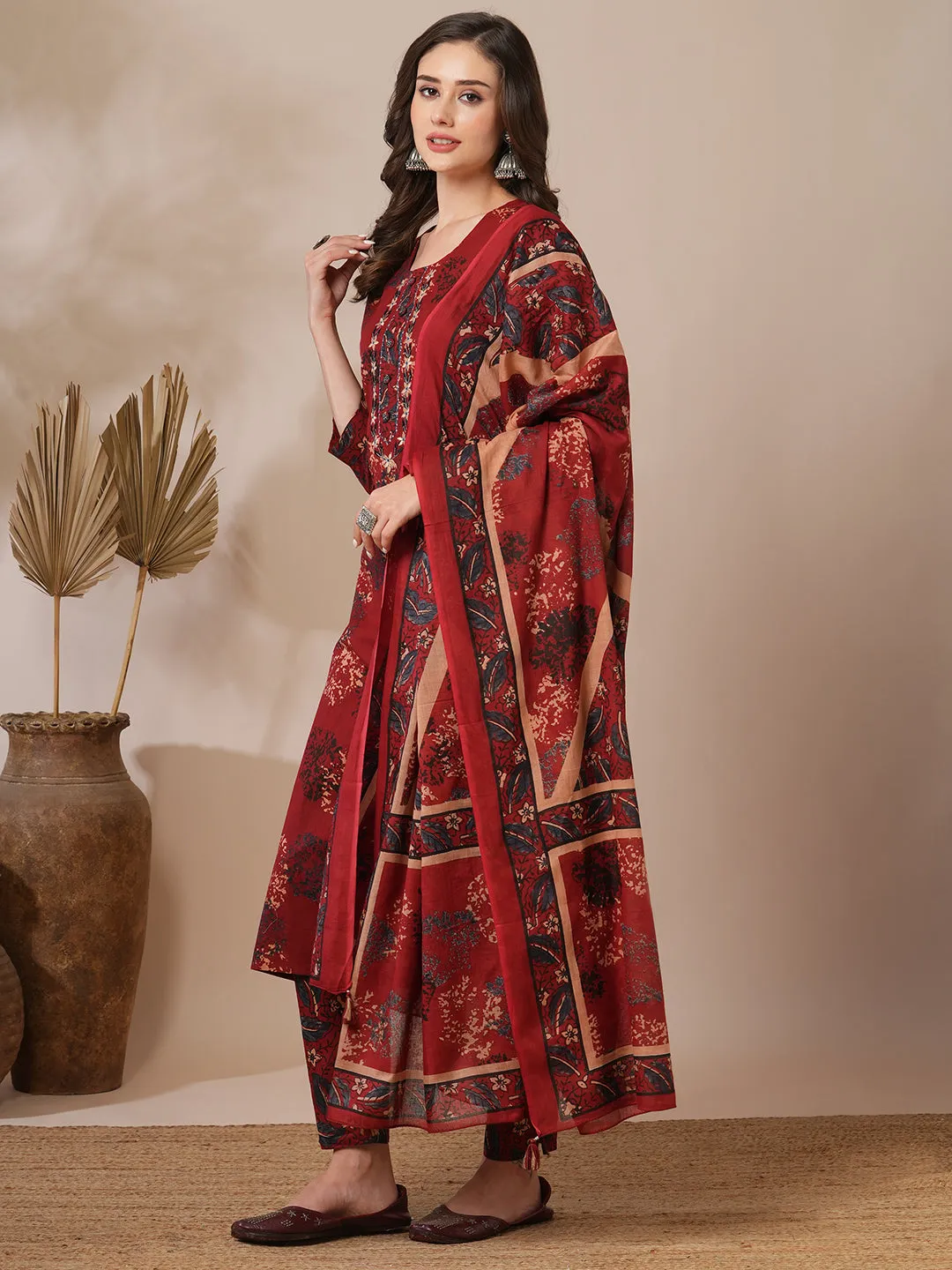 Ethnic Floral Printed & Embroidered Straight Fit Kurta with Pant & Dupatta - Brown