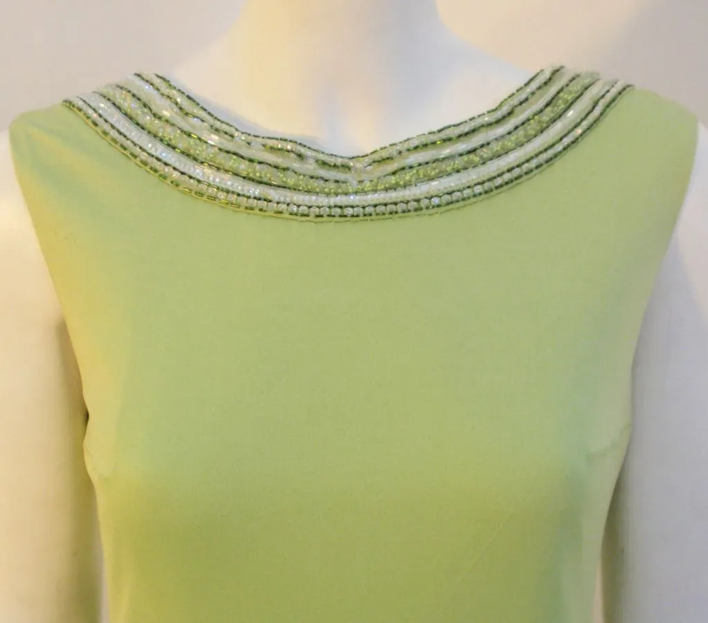 HELEN ROSE 1960s Green Silk Jersey Gown, Beaded Neckline