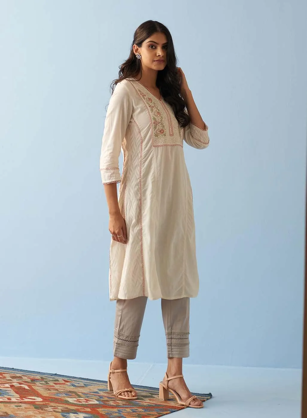 Ivory Long Flared Embroidered A-line Kurta