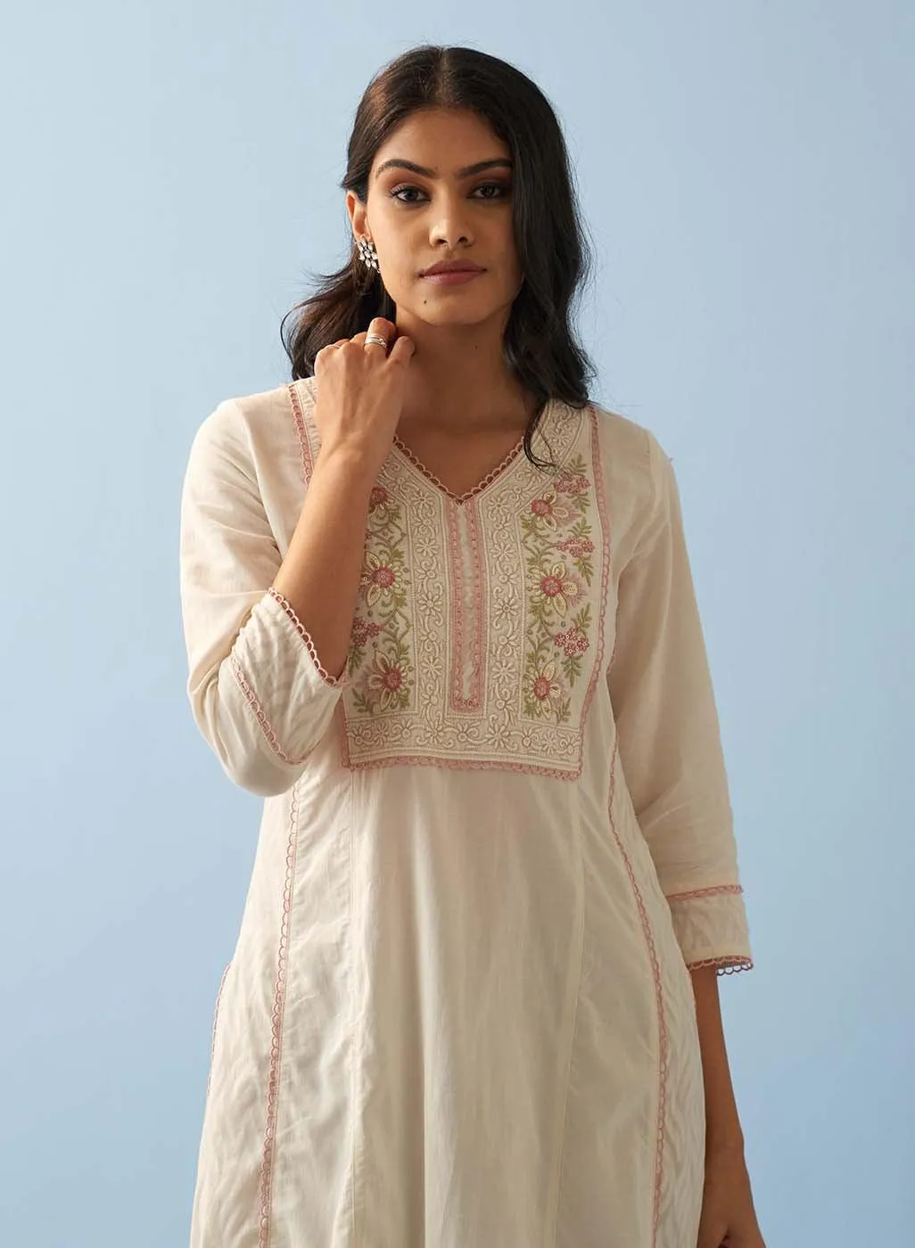 Ivory Long Flared Embroidered A-line Kurta