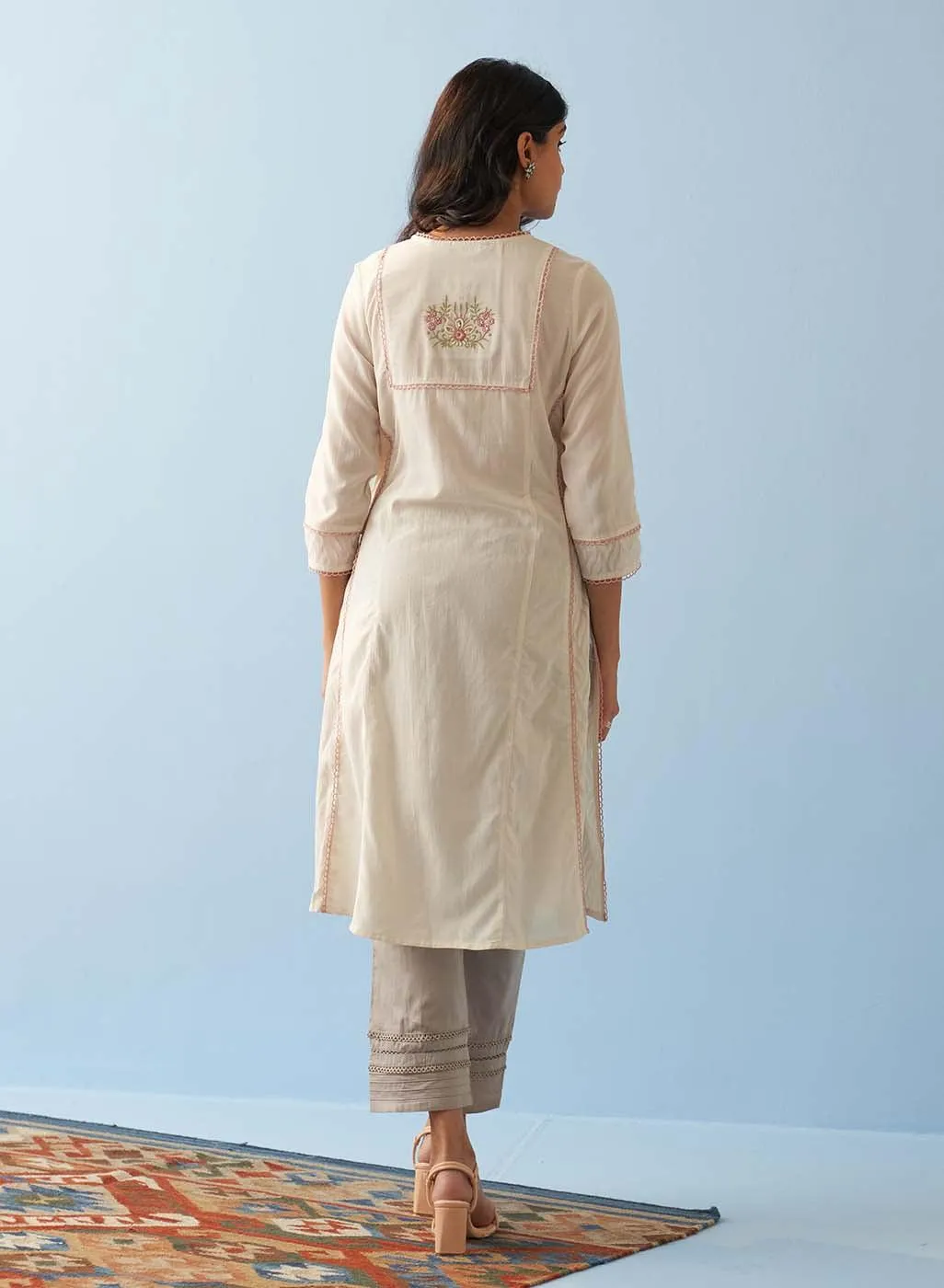 Ivory Long Flared Embroidered A-line Kurta