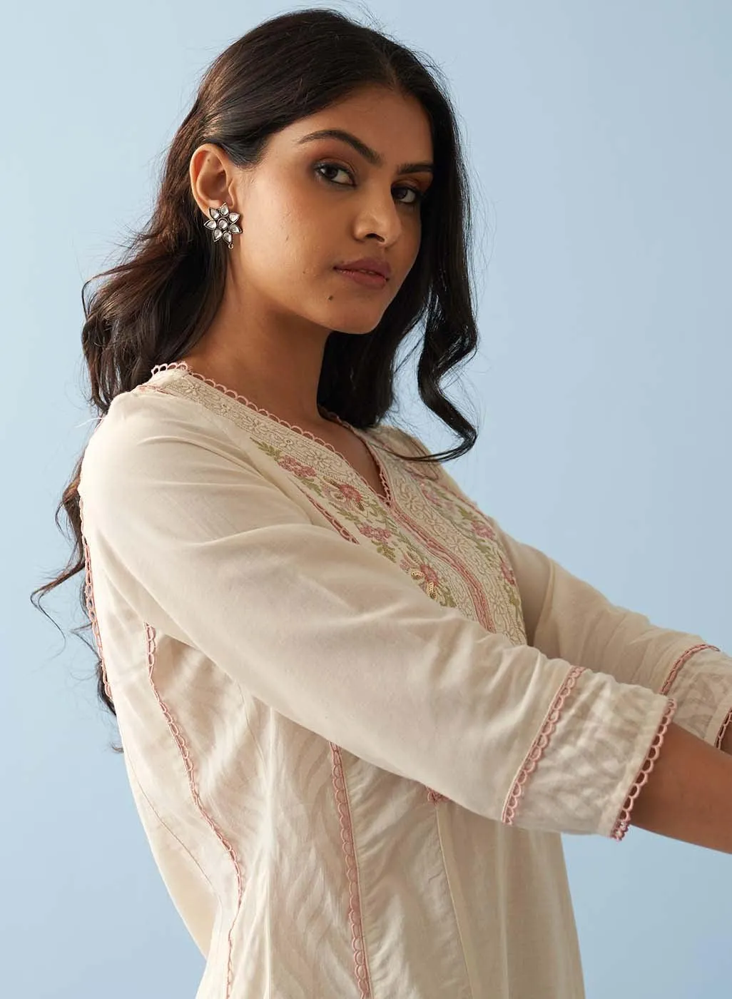 Ivory Long Flared Embroidered A-line Kurta