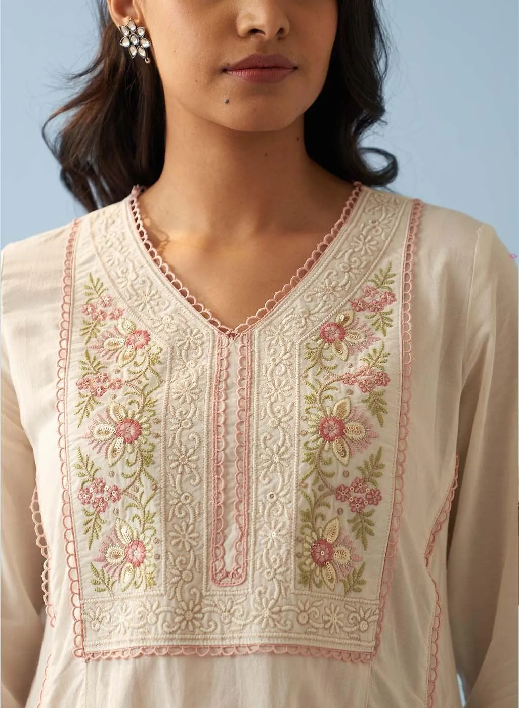 Ivory Long Flared Embroidered A-line Kurta