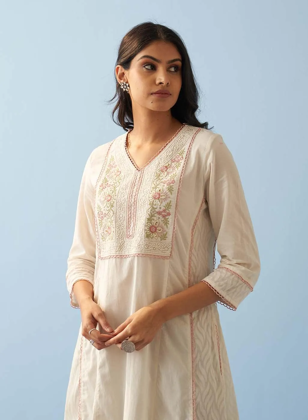 Ivory Long Flared Embroidered A-line Kurta