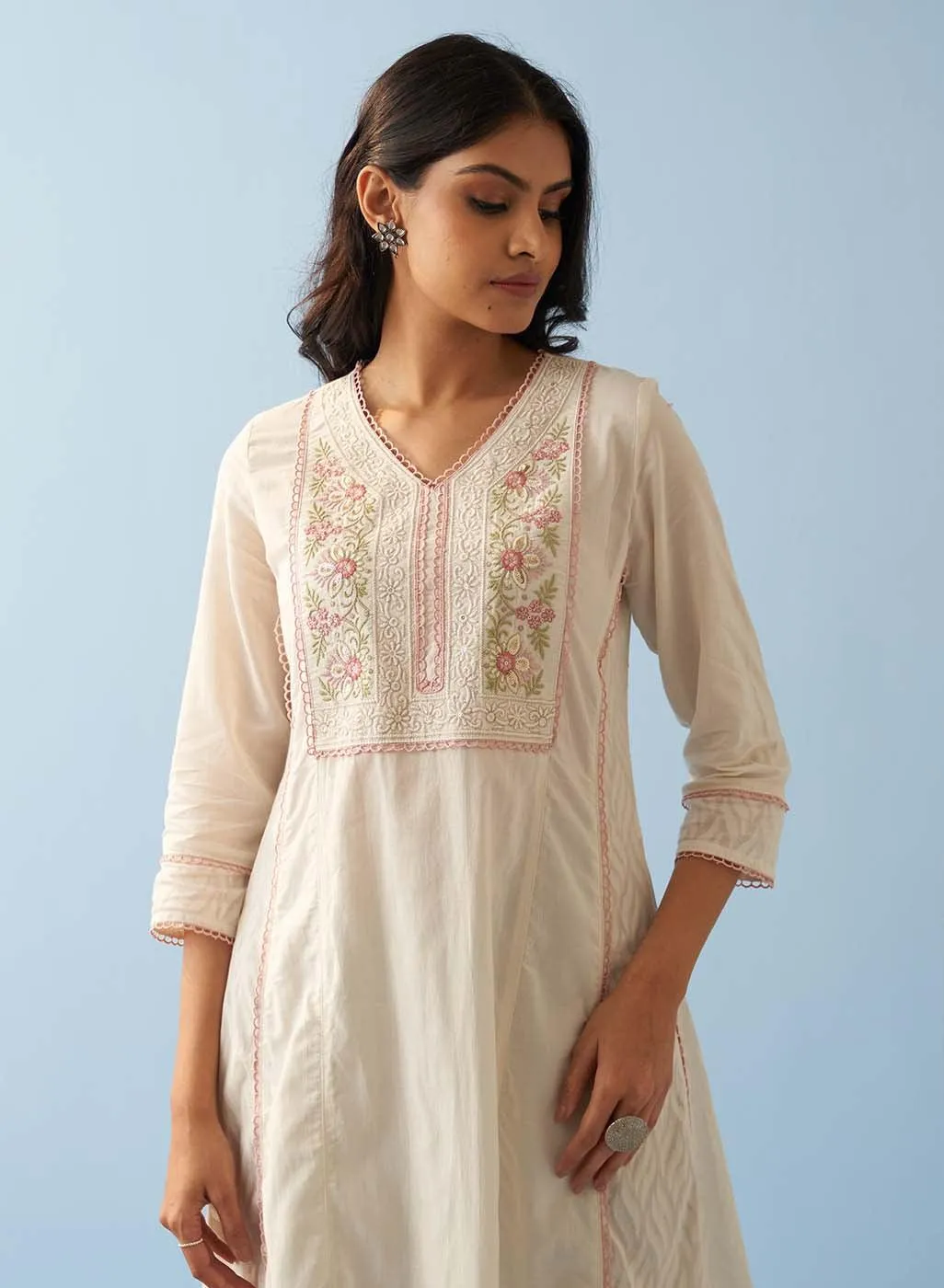 Ivory Long Flared Embroidered A-line Kurta