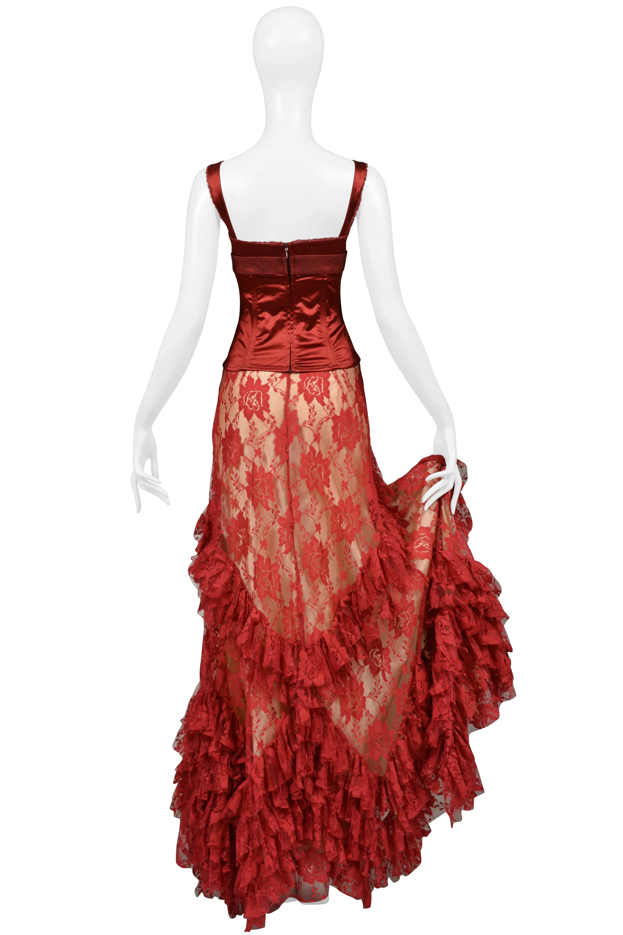 JOHN GALLIANO BURGUNDY LACE BALLGOWN SKIRT & CORSET TOP