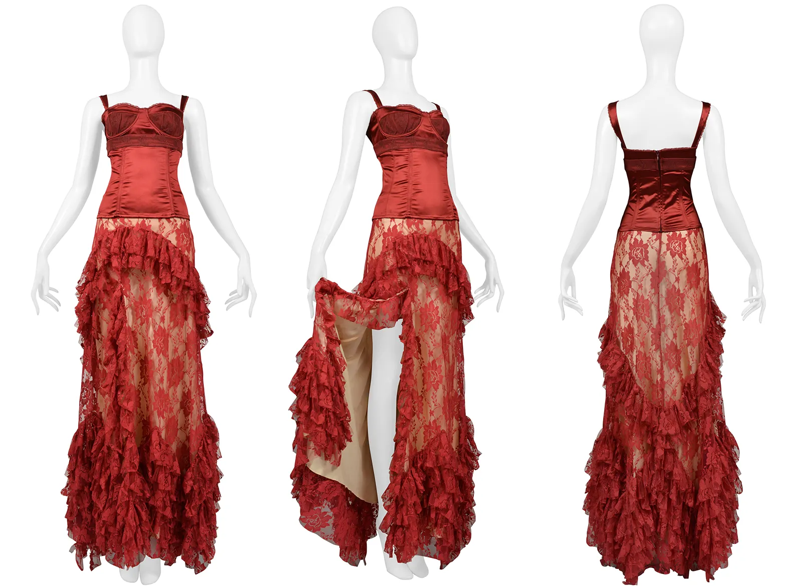 JOHN GALLIANO BURGUNDY LACE BALLGOWN SKIRT & CORSET TOP