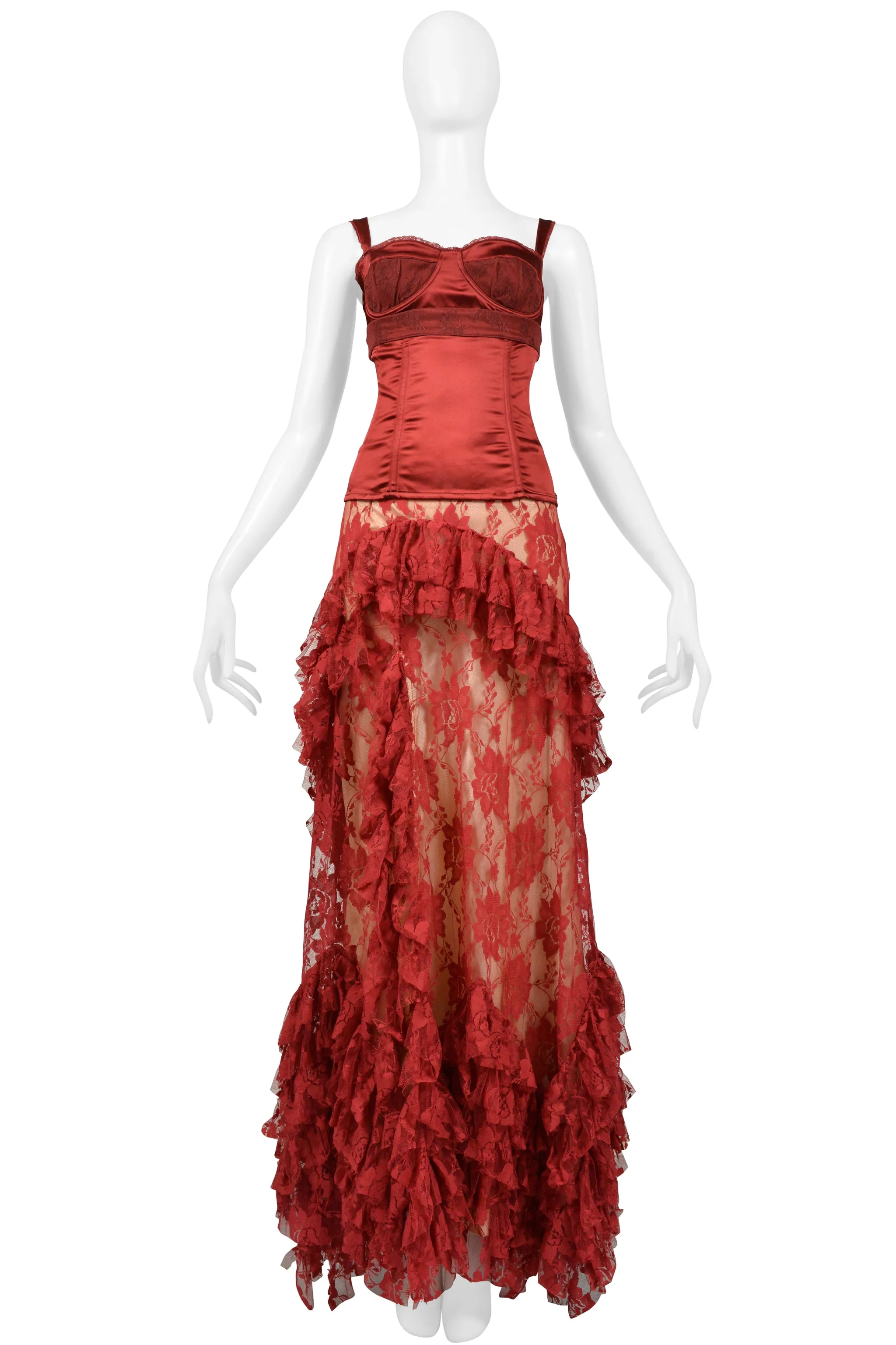 JOHN GALLIANO BURGUNDY LACE BALLGOWN SKIRT & CORSET TOP