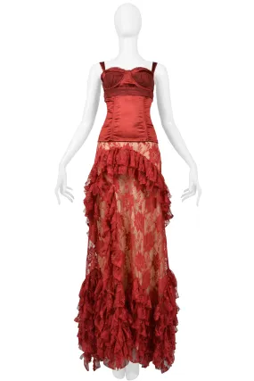 JOHN GALLIANO BURGUNDY LACE BALLGOWN SKIRT & CORSET TOP