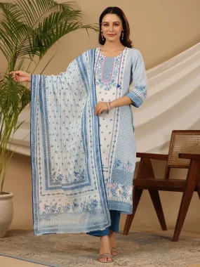 Juniper Blue Floral Printed Rayon Kurta Pant & Dupatta Set With Beads & Sequins