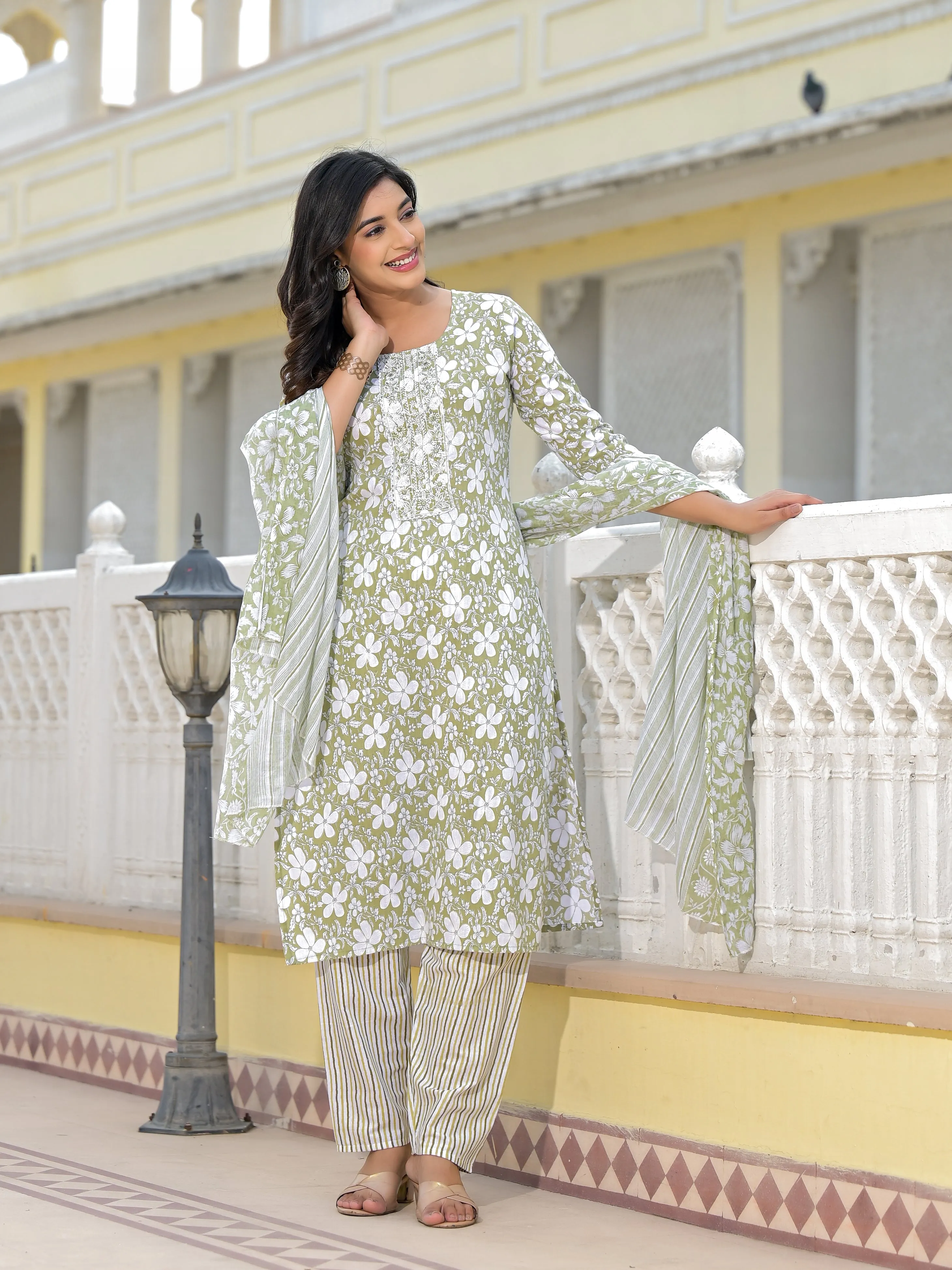 Juniper Green Floral Printed Cotton Kurta, Pant And Dupatta Set With Thread & Mirror Work