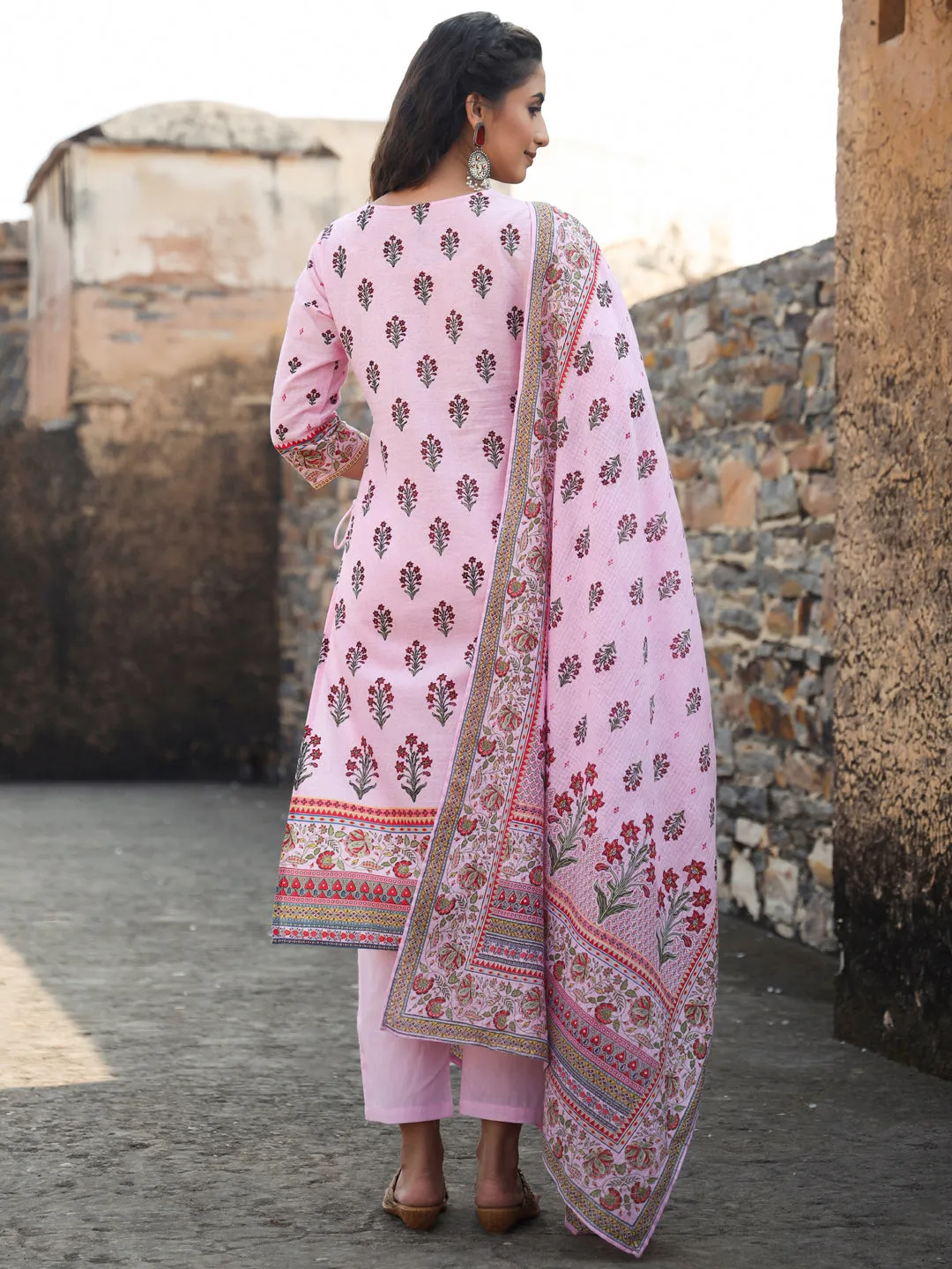 Juniper Lilac Ethnic Motif Printed Pure Cotton Kurta, Pants & Kota Doria Dupatta Set With beads & Sequins