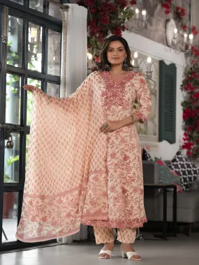 Juniper Pink Floral Printed Rayon Kurta, Pant And Dupatta Set With Mirror & Thread Work