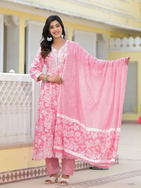 Juniper Pink Floral Printed Rayon Kurta, Pant And Dupatta Set With Thread & Sequins Work