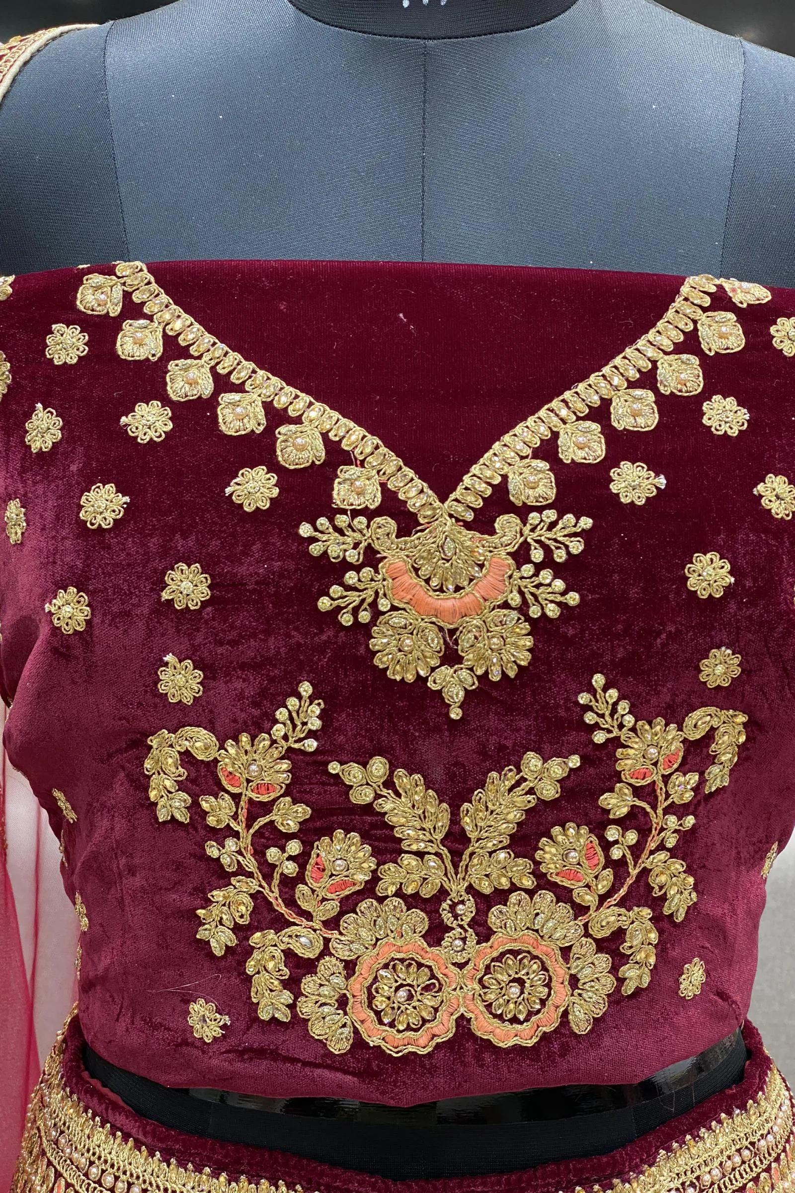 Maroon Thread and Stonework Semi-Stitched Designer Bridal Lehenga