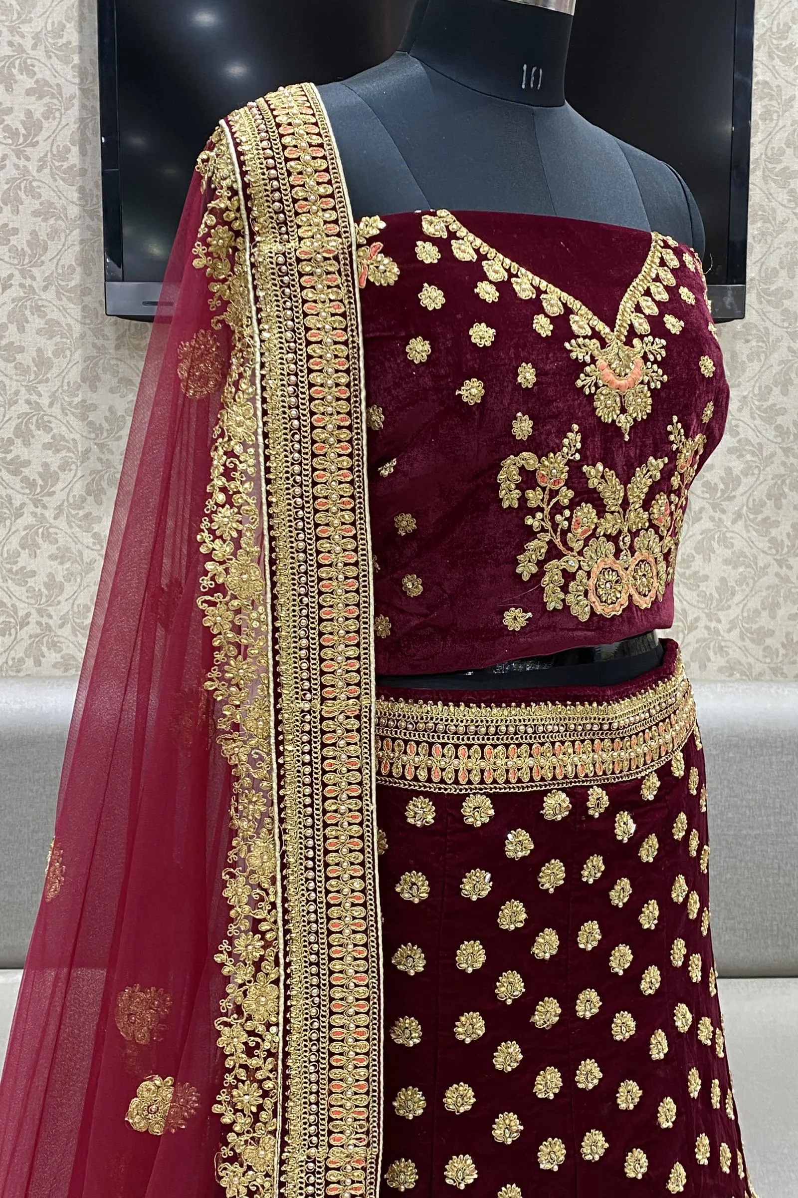 Maroon Thread and Stonework Semi-Stitched Designer Bridal Lehenga