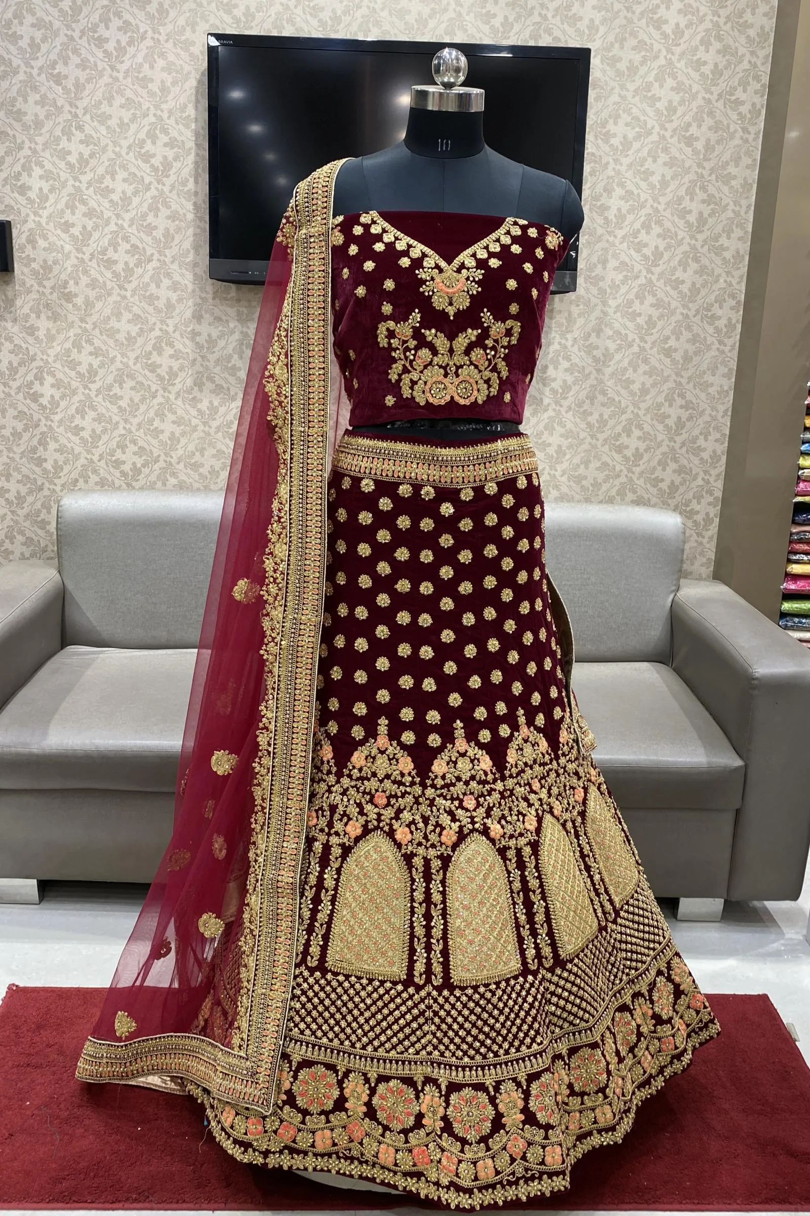 Maroon Thread and Stonework Semi-Stitched Designer Bridal Lehenga