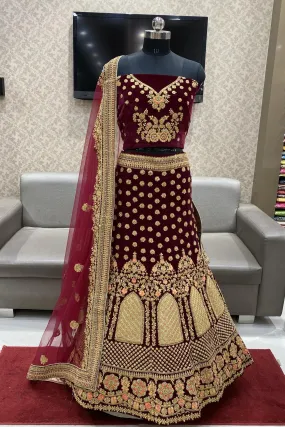 Maroon Thread and Stonework Semi-Stitched Designer Bridal Lehenga