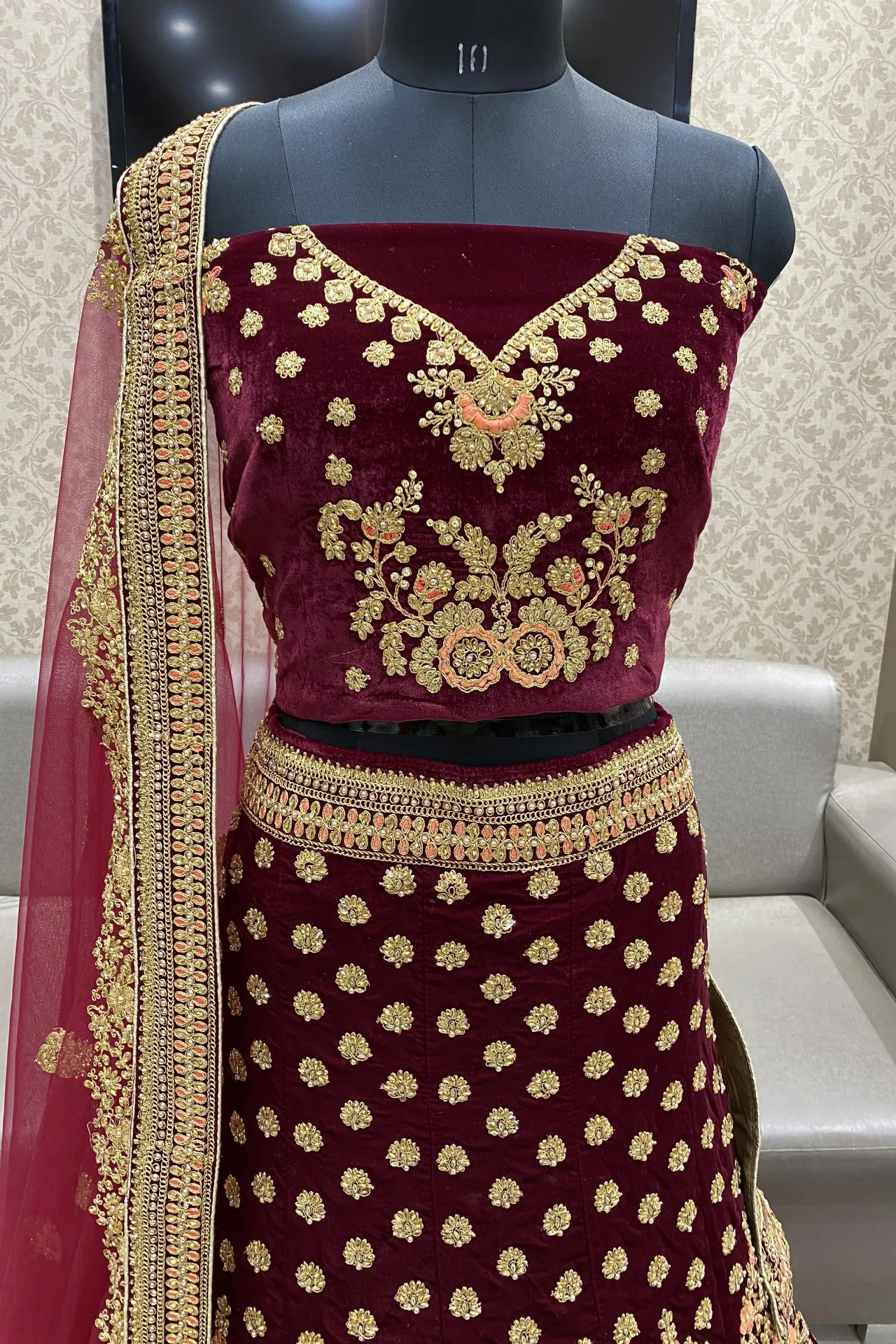 Maroon Thread and Stonework Semi-Stitched Designer Bridal Lehenga