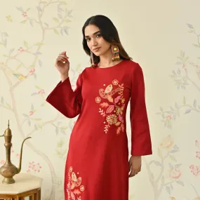 Maroon Woollen Aari Embroidered Floral Kurta with Flared Sleeves