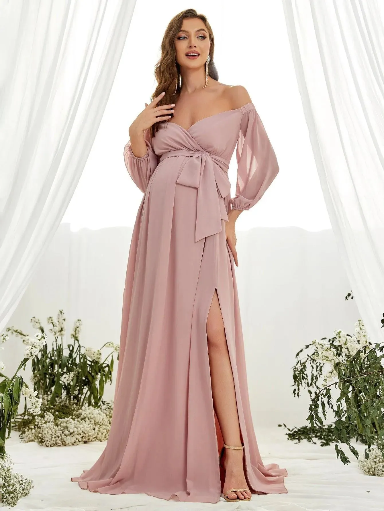 Maternity Off Shoulder Lantern Sleeve Chiffon Belted Dress