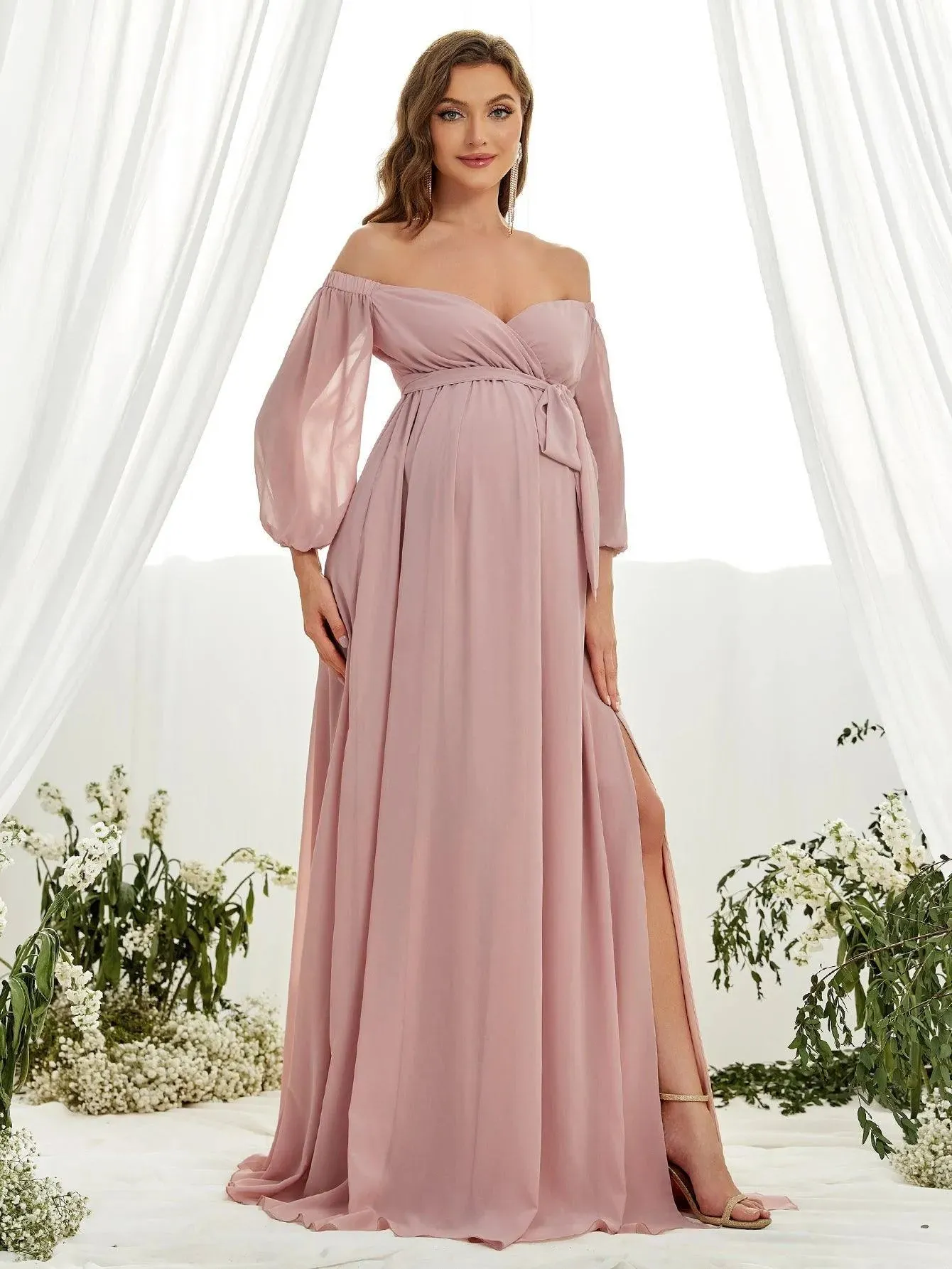 Maternity Off Shoulder Lantern Sleeve Chiffon Belted Dress