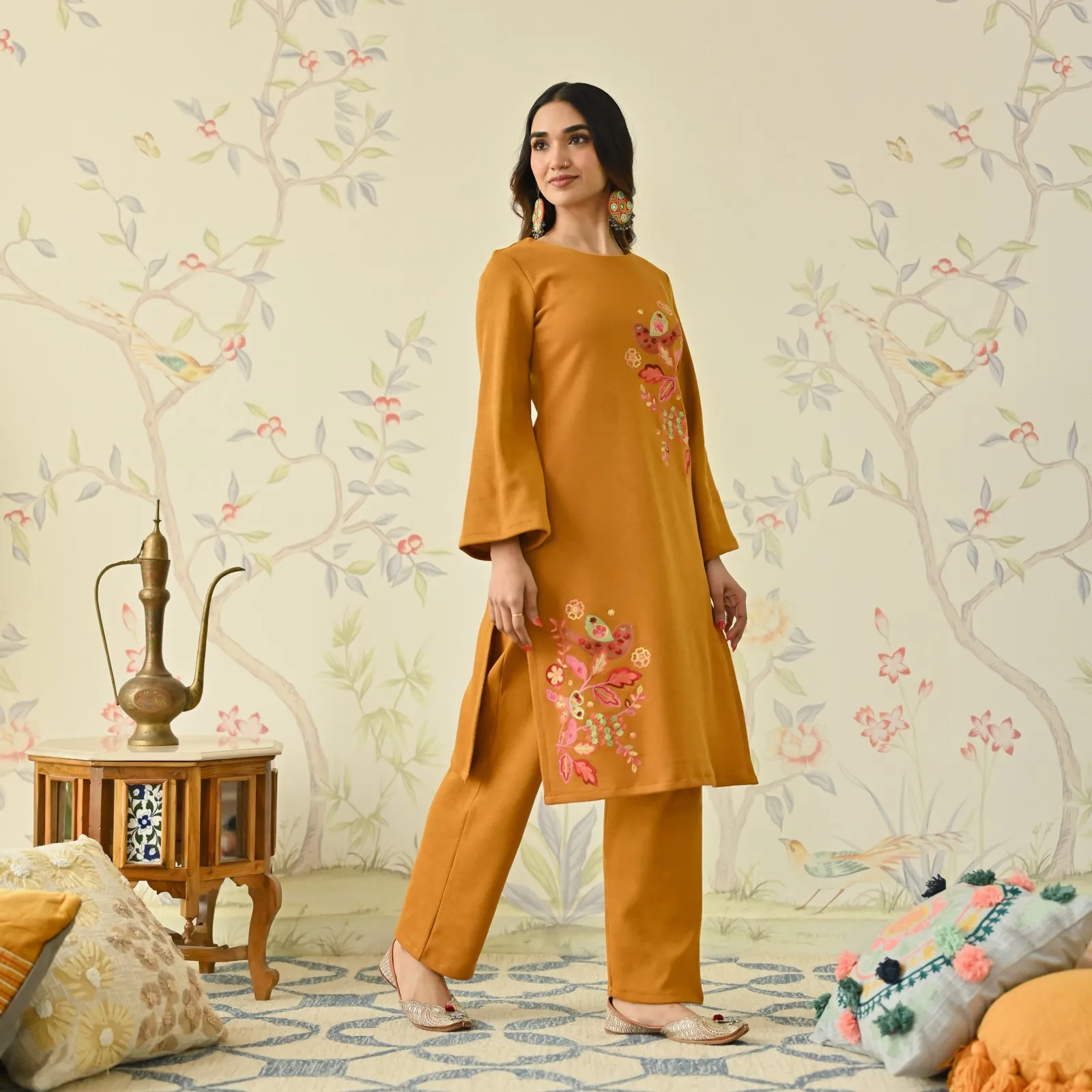 Mustard Woollen Aari Embroidered Floral Kurta with Flared Sleeves