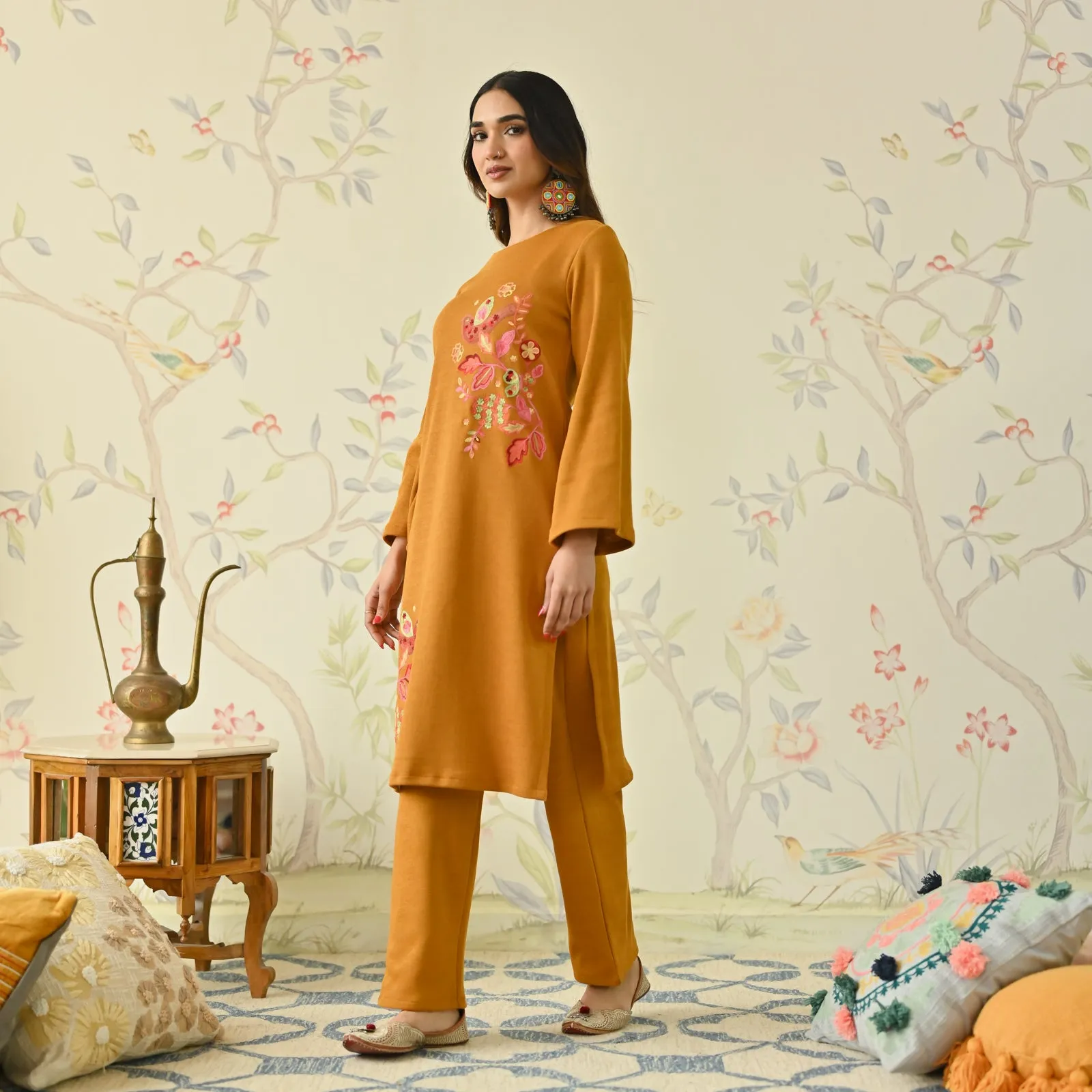 Mustard Woollen Aari Embroidered Floral Kurta with Flared Sleeves