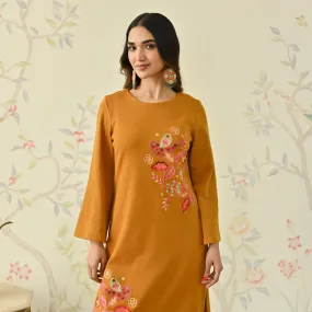 Mustard Woollen Aari Embroidered Floral Kurta with Flared Sleeves