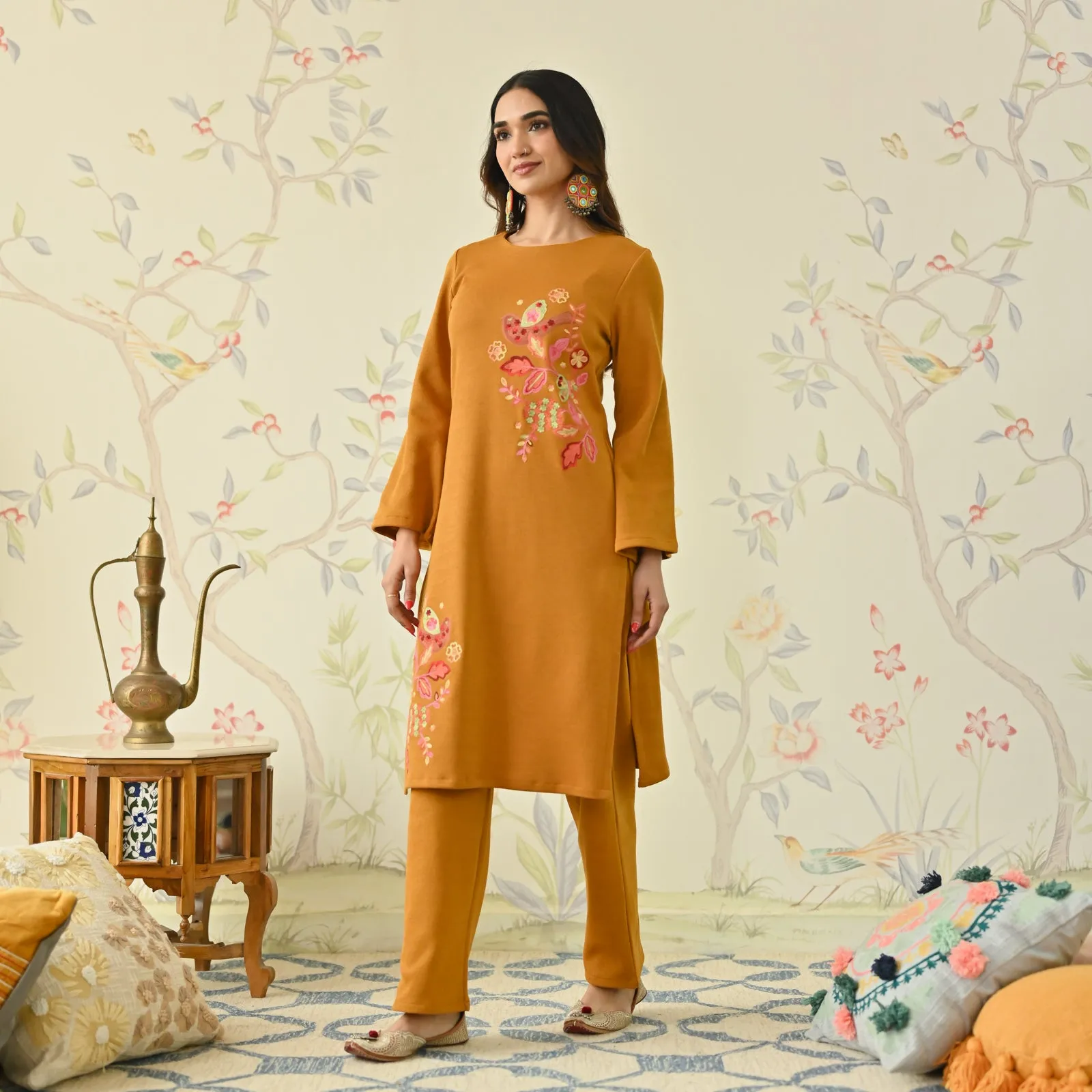 Mustard Woollen Aari Embroidered Floral Kurta with Flared Sleeves