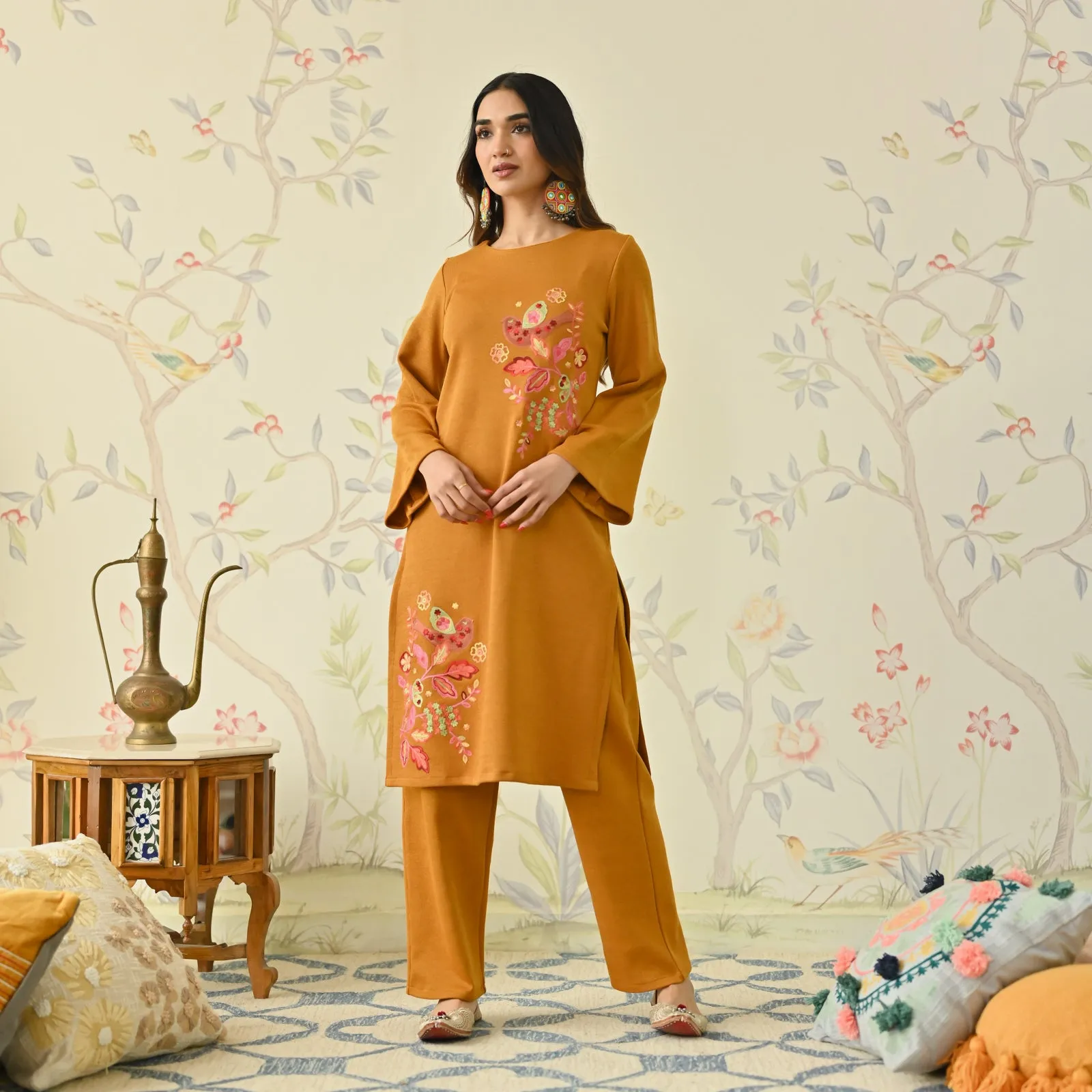 Mustard Woollen Aari Embroidered Floral Kurta with Flared Sleeves