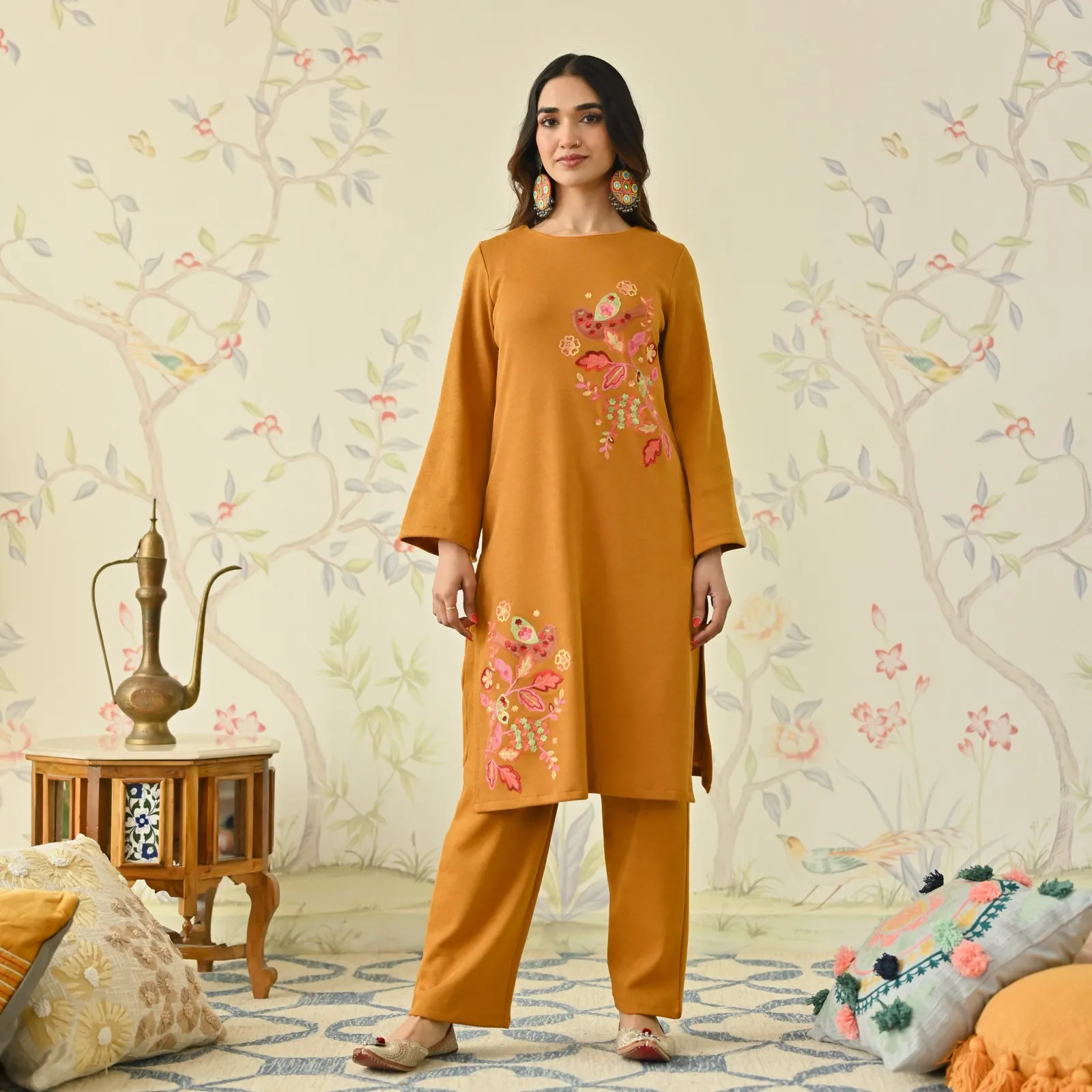 Mustard Woollen Aari Embroidered Floral Kurta with Flared Sleeves