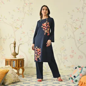 Navy Blue Woollen Aari Embroidered Floral Kurta Pant Set with Flared Sleeves