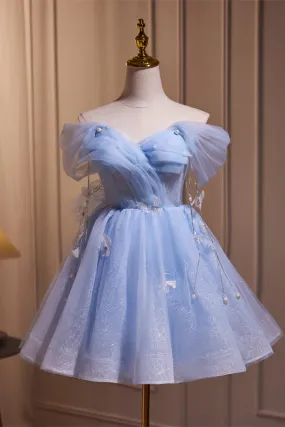 Off the Shoulder Blue A-line Short Princess Dress