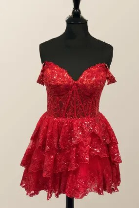 Off the Shoulder Red Appliques Tiered Short Princess Dress