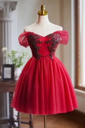 Off the Shoulder Red Beaded Short Tulle Dress