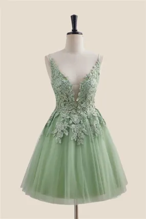 Plunge Neck Sage Green Appliques Short Dress