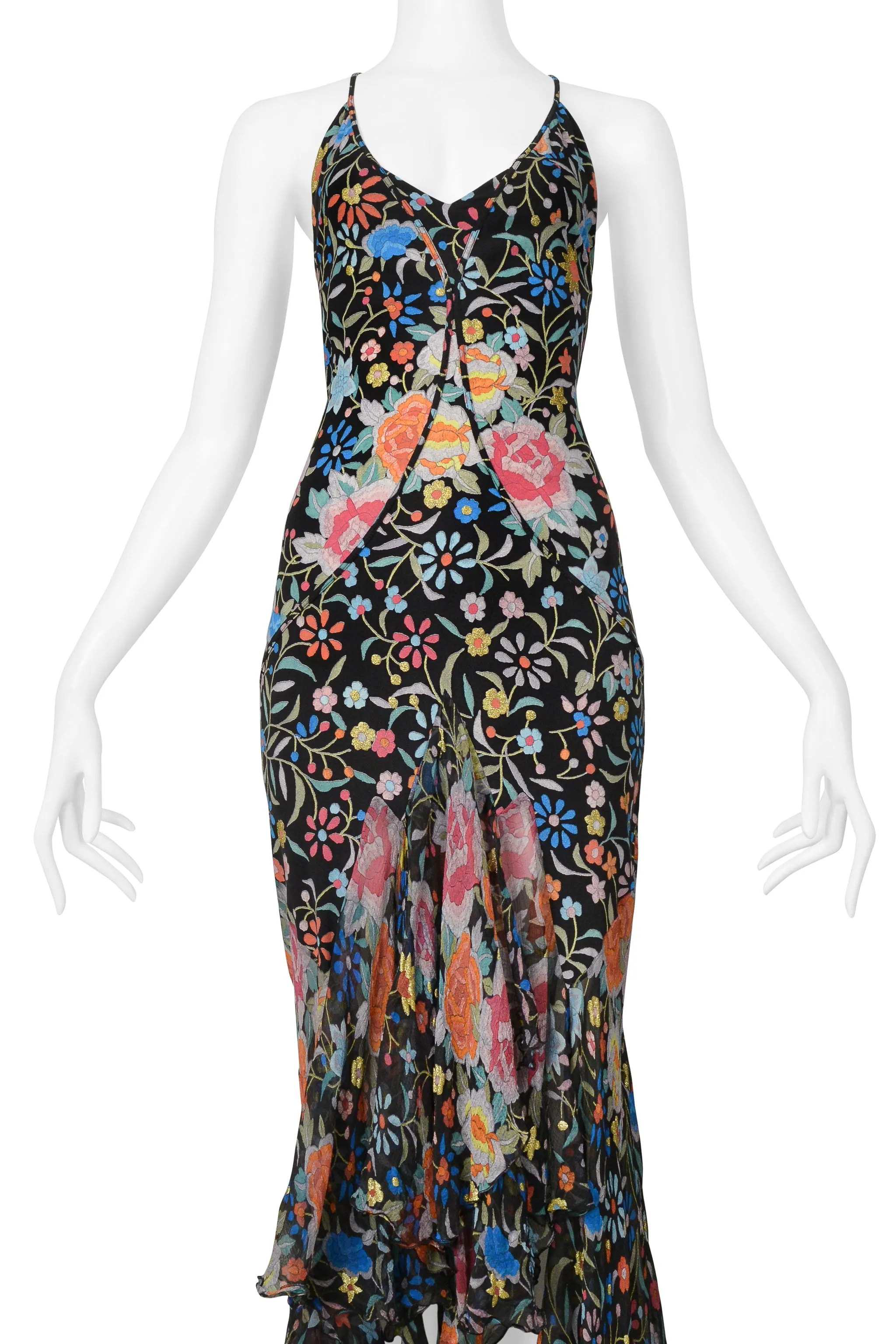 ROBERTO CAVALLI BLACK FLORAL EMBROIDERED PRINT SILK DRESS AW 2004