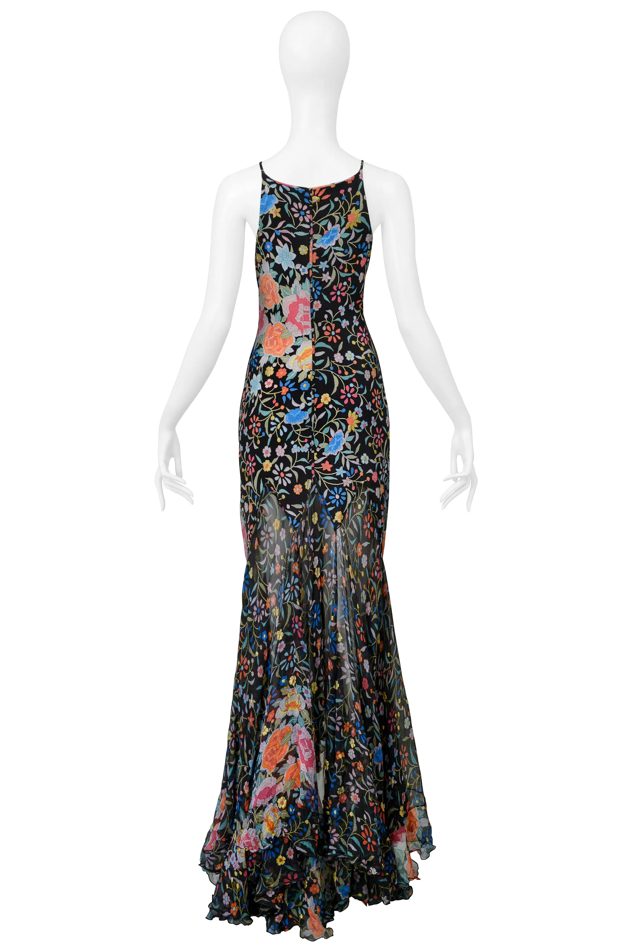 ROBERTO CAVALLI BLACK FLORAL EMBROIDERED PRINT SILK DRESS AW 2004