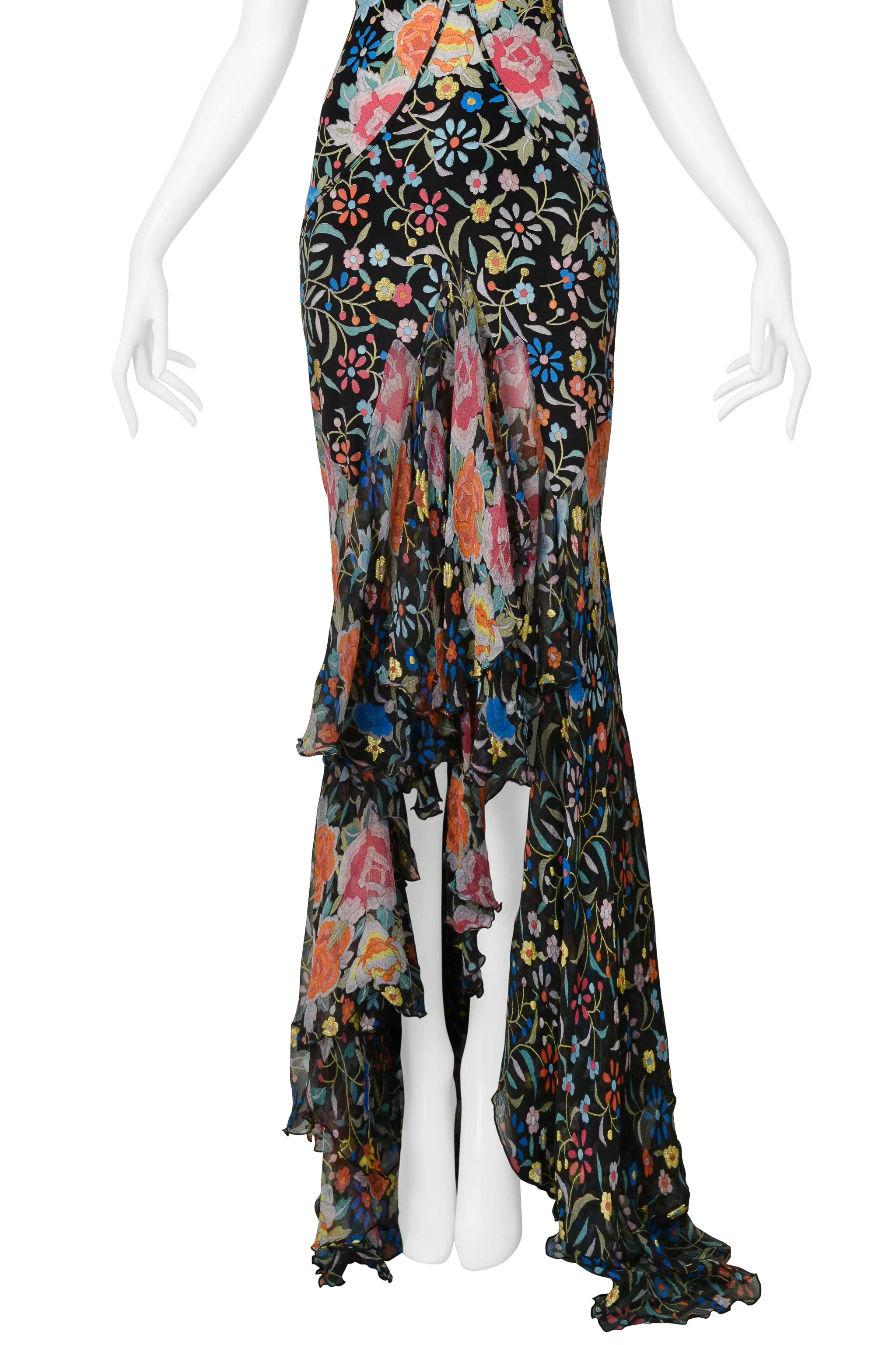 ROBERTO CAVALLI BLACK FLORAL EMBROIDERED PRINT SILK DRESS AW 2004