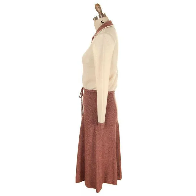 Vintage Adolfo Wool Knit Sweater Suit 1970s Small Mocha/Cream