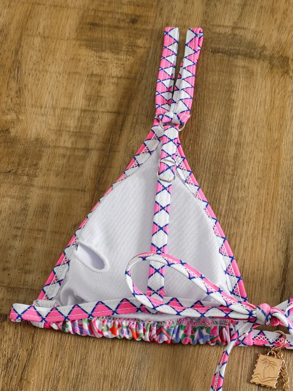 Women's Pink Bohemian Print Bikini With Trinket Detail