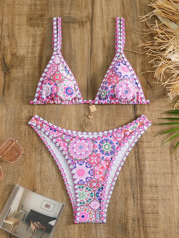 Women's Pink Bohemian Print Bikini With Trinket Detail